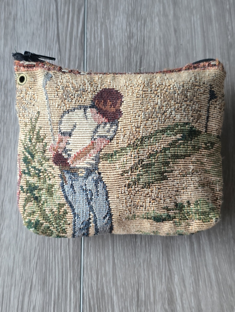 Vintage Golf Tapestry Coin Purse Zip Pouch Novelty Golfer Scene Wallet
